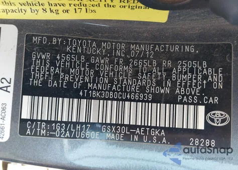 2012 Toyota Avalon from USA, damaged, VIN 4T1BK3DB0CU466939